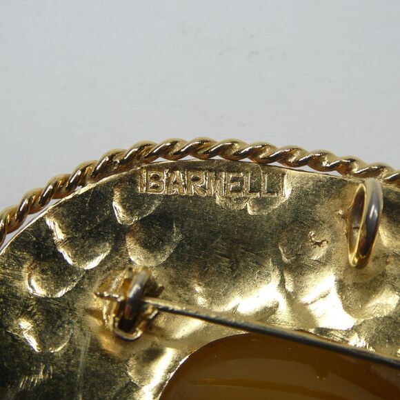 Gold Statement Brooch Pendant Agate Amber Stone Center Signed Barmell Large Pin - Picture 10 of 14